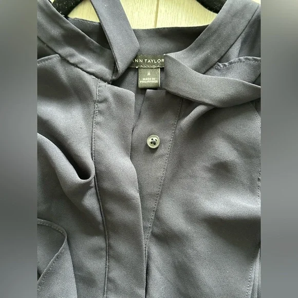 Ann Taylor Navy Ruffle Tie-Neck Blouse - Picture 5 of 7